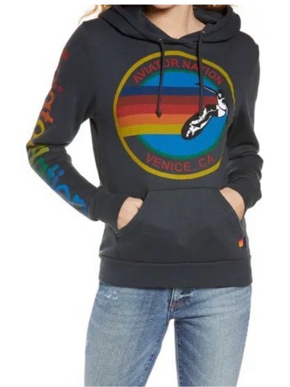 Aviator Nation Charcoal Hoodie with Rainbow Logo